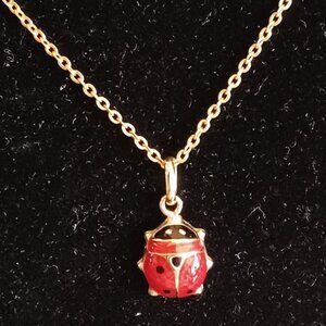 14K  Italy Yellow Gold Lady Bug Enamel Lucky Charm Pendant & CableChain